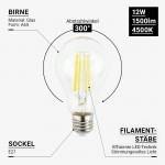 12W LED FILAMENT E27 A65 Birne Glas Neutralweiß